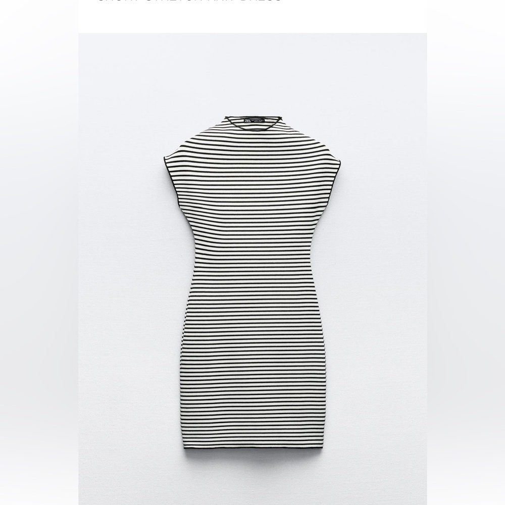 Gray and Black Striped Mini Dress with Mock Neck